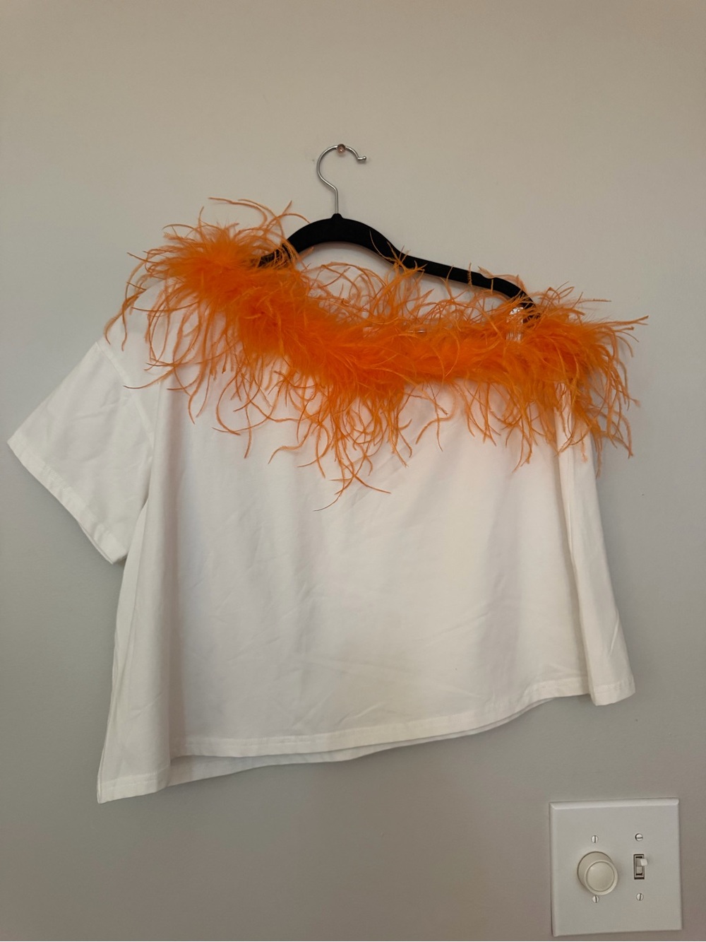 QUEEN OF SPARKLES White Crop Top with Orange Feather Trim